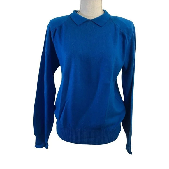 Vintage 70s Collared Sweater by CAPTIONS Bright Royal Blue Shoulder Pads Acrylic - Picture 1 of 8